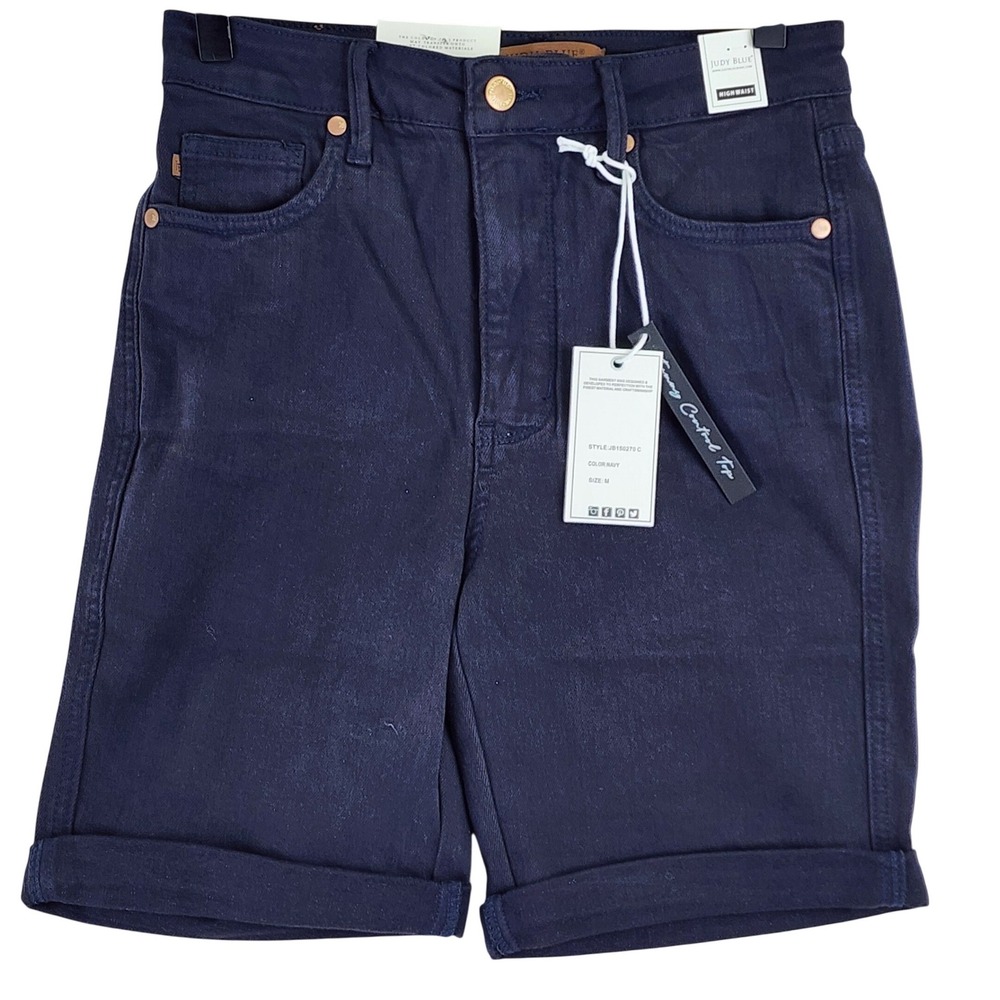 Judy Blue High Waist Tummy‎ Control Cuffed Denim Shorts Navy JB150270 Women M